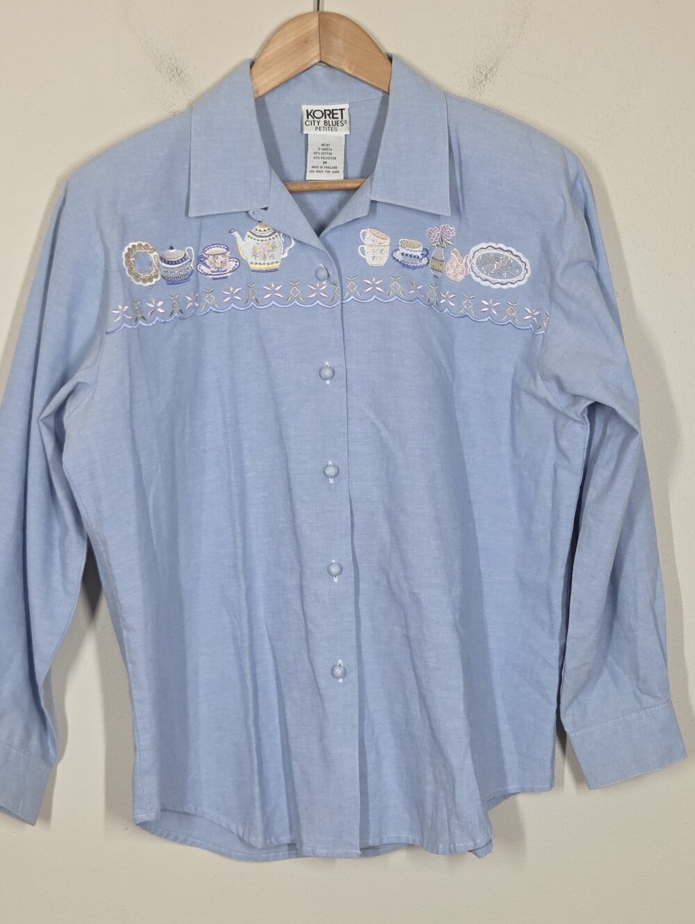 Vtg 90s Y2K Blue Embroidered Teapot Button Up Top M Cottagecore Grannycore